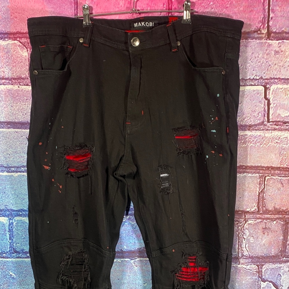 Makobi Distressed Paint Splatter Black Jeans Men’s 40x32 Streetwear Denim - Picture 3 of 13